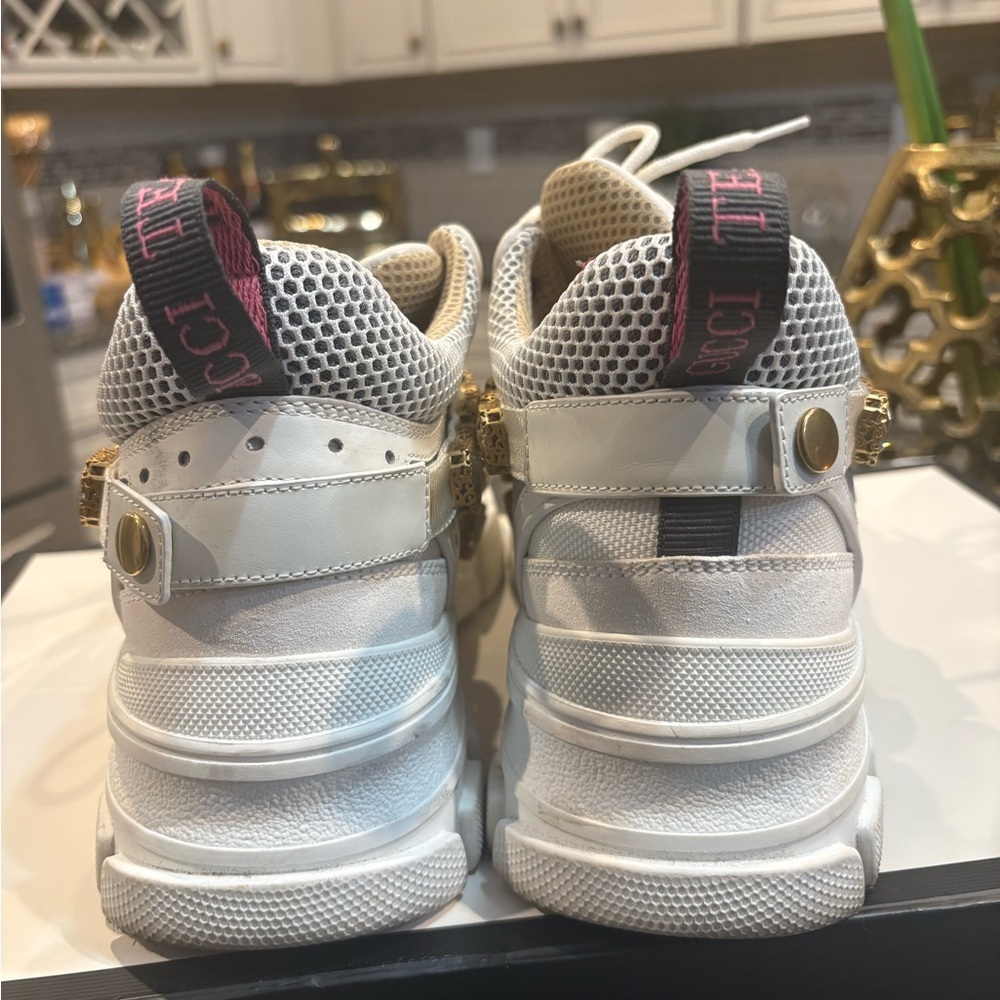 Gucci Women's Cream Sneakers with Gold and Silver Accents - Picture 2 of 8